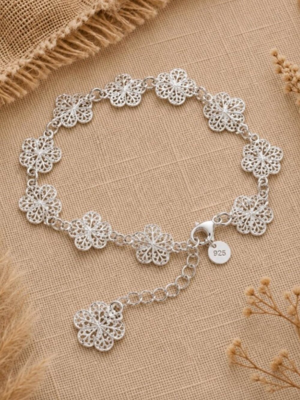 925 Sterling Silver Flat Flower Dangle Charm Bracelet